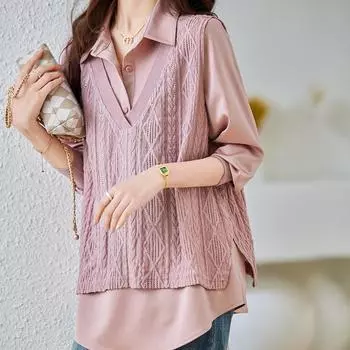 Розовая рубашка из двух частей из искусственного шифона для женщин на весну и осень, новый европейский стиль, свободный и модный топ с длинными рукавами и воротником-поло M розовый