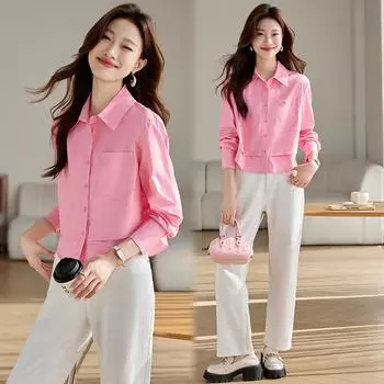 Розовая рубашка в стиле деконструкции, женская весенняя рубашка укороченного силуэта, простой топ для поездок на работу S