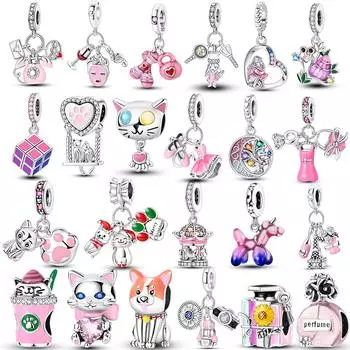 Розовая серия S925 стерлингового серебра духи куб карусель Подвески с изображением кота подходят оригинальный браслет для женщин изготовление ювелирных изделий подарок