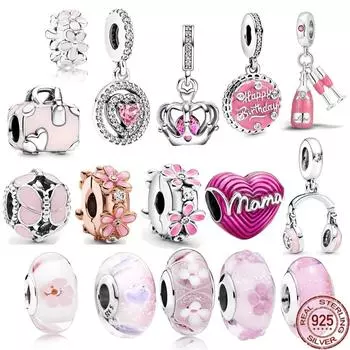 Розовая серия, стерлинговое серебро S925, зажим для бусин в виде ромашки и подвесные бусины из муранского стекла, подходят для оригинального браслета, ювелирные изделия для женщин