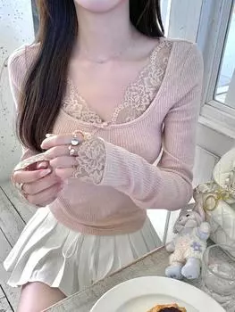 Розовая сексуальная футболка с V-образным вырезом и кружевной отделкой, женская осенне-зимняя сладкая узкая блузка с длинным рукавом в корейском стиле, повседневная блузка, новинка S розовый