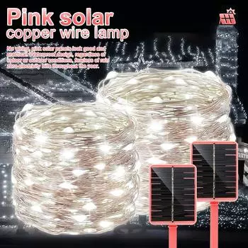 Розовая солнечная панель, сказочный свет, уличный водонепроницаемый светильник, Рождественский венок, праздничная вечеринка, свадебное украшение, свет 7 м/12 м/22 м/32 м 7M 50LED белый