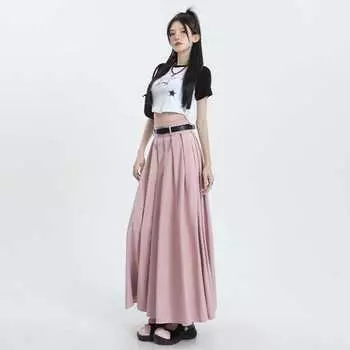 Розовая юбка, женский летний длинный костюм, юбка, верхняя юбка с высокой талией, тонкое плиссированное осеннее платье XS