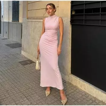 Розовая водолазка женское платье без рукавов с оборками с разрезом на молнии облегающее длинное женское платье 2024 весна лето шикарный женский халат S розовый
