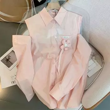 Розовая рубашка с отложным воротником, солнцезащитный крем, женская рубашка, осень, новая свободная блузка с 3D-цветочным узором, повседневная блузка с открытыми плечами onesize розовый