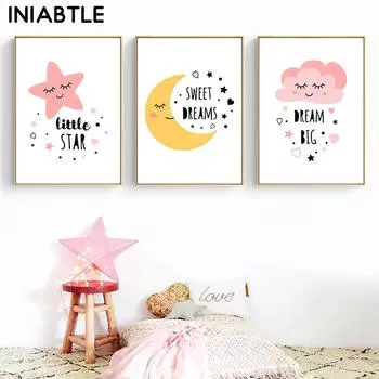 Розовая Звезда Облако Луна Детская Настенная Картина Холст Картина Мечта Большие Плакаты Отпечатки Украшения Картина Скандинавские Дети Детская Спальня Декор 21cm30cm NoFrame