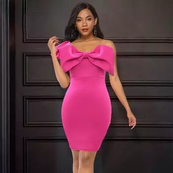 Розово-красное мини-платье с оборками на одно плечо и галстуком-бабочкой в стиле пэчворк, облегающее женское вечернее платье, большие размеры 5XL S фуксия