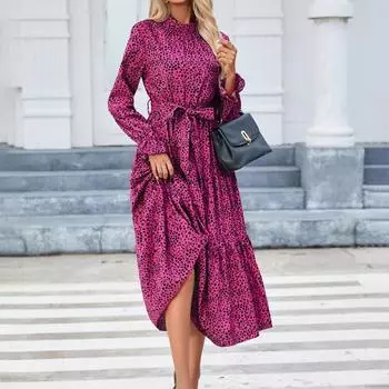 Розово-красное весеннее женское модное платье с воротником и принтом, с длинными рукавами и шнуровкой на талии XL розы красного
