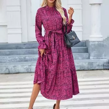 Розово-красное весеннее женское модное платье с воротником и принтом, с длинными рукавами и шнуровкой на талии XL розы красного