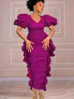 Розово-красные длинные платья для женщин с цветочным принтом и V-образным вырезом с короткими рукавами-фонариками и высокой талией, африканские платья, наряды, вечернее мероприятие XXXL ярко-розовый