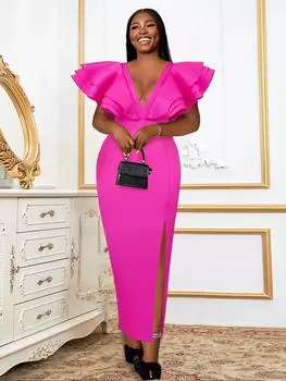 Розово-красные платья с v-образным вырезом и оборками с высокой талией длиной до щиколотки, сексуальные вечерние наряды с разрезом для коктейля на день рождения для женщин, платье для выпускного вечера M ярко-розовый