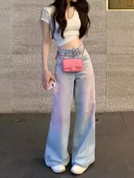 Розово-синий дизайн, винтажные мешковатые свободные джинсы, женские Y2k Harajuku, джинсовые брюки с высокой талией, женские ретро-модные 90-е, эстетические широкие брюки, уличная одежда S синий