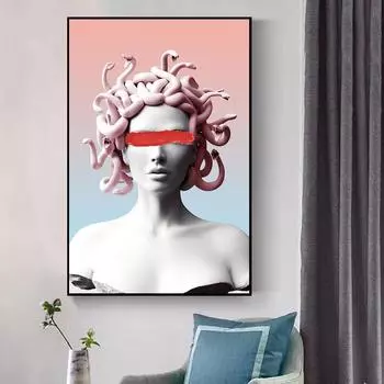 Розово-синяя Медуза, покрывающая глаза, холст, художественные постеры и принты, Vaporwave, скульптура Медузы, холст, картины на стене, картины 21x30 No Frame