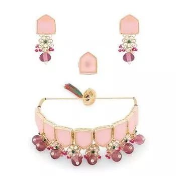 Розово-зеленые камни, бусины, колье-колье Kundan, комплект серег и колец для женщин
