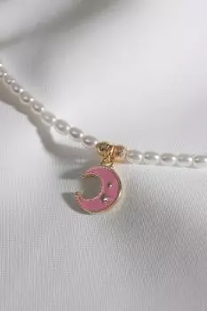 Розовое эмалированное жемчужное ожерелье с подвеской в виде луны