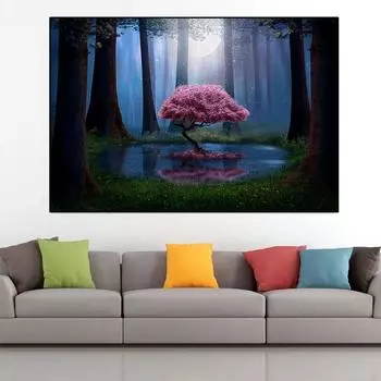 Розовое дерево и пруд в лесу ночью холст картины пейзажные постеры и принты настенные художественные фотографии домашний декор без рамки 21cm30cm NoFrame