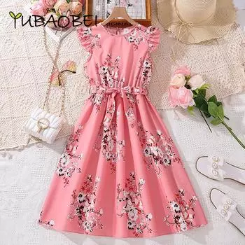 Розовое длинное платье с цветочным принтом для девочек, летняя детская одежда для подростков, новые платья принцессы, детское повседневное платье для детей 7-12 лет 8Y розовый