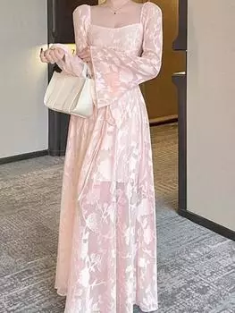 Розовое французское платье больших размеров в винтажном стиле для женщин, модный дизайн, сетчатые кружевные платья с шитьем, новая праздничная одежда с квадратным вырезом S розовый