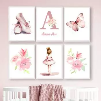 Розовое имя на заказ, балерина для девочек, Солнце, Радуга, бабочка, настенная живопись на холсте, постеры и принты, фотографии для декора детской комнаты A4 21X30cm No Framed