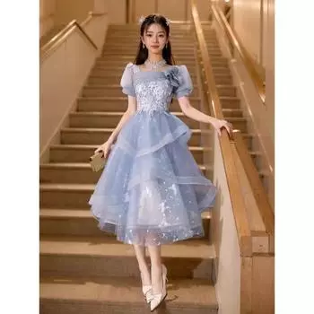 Розовое Элегантное Выпускное Длинное Платье Принцессы Вечернее Платье Blue Mid Length Long Length 2322 zipper L