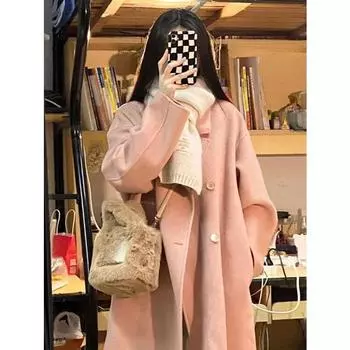 Розовое кашемировое пальто свободного покроя в корейском стиле - двустороннее женское пальто из смесовой шерсти XS