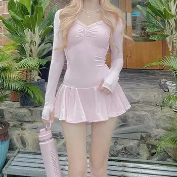 Розовое кавайное плиссированное цельное платье, женское милое сексуальное облегающее платье с длинным рукавом и низкой талией, женское милое платье с оборками и складками, модная одежда 2024 S розовый