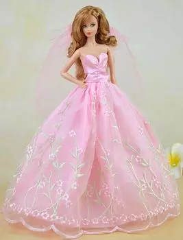 Розовое красивое свадебное платье для кукольного домика Барби, длинное платье + вуаль, кружевное платье, одежда для куклы BJD 1/6, одежда розовый