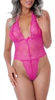 Розовое кружевное боди с сердечками S/M прозрачный