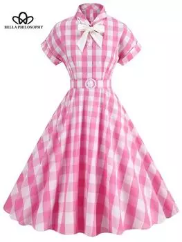 Розовое милое модное винтажное клетчатое длинное платье на шнурке с одной линией шеи и высокой талией, женское модное платье S