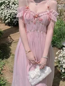 Розовое милое платье на бретельках, летние женские элегантные вечерние платья с v-образным вырезом и бантом, цветочные сказочные платья, женские сексуальные шикарные праздничные платья с открытыми плечами S розовый