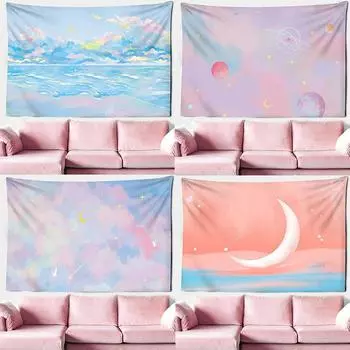 Розовое облако, луна, звездное небо, декоративный гобелен, домашний настенный декоративный гобелен для гостиной, офиса 100x75cm