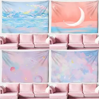 Розовое облако, луна, звездное небо, подвесная ткань, офис, гостиная, гобелен, украшение на стену дома, гобелен 100x75cm
