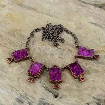 Розовое ожерелье с друзами, грубое ожерелье с розовым турмалином, медное ожерелье, изготовленное гальваническим методом, регулируемая цепочка, ожерелье, ювелирные изделия из драгоценных камней, изготовленных гальваническим методом