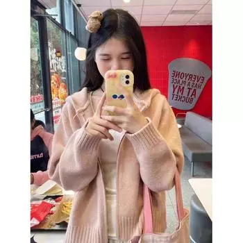 Розовое пальто-свитер с капюшоном, нежное французское короткое Pink L [Suggested 52.50 kg-57.50 kg]]