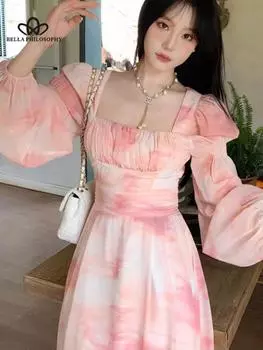 Розовое платье феи с принтом тай-дай, французское ретро-квадратное платье с узкой талией, элегантное платье с рукавами, вечернее платье Vestidos S розовый