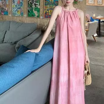 Розовое платье на подтяжках, женская юбка, пляжное платье для отдыха на море, юбка с вырезом S розовый