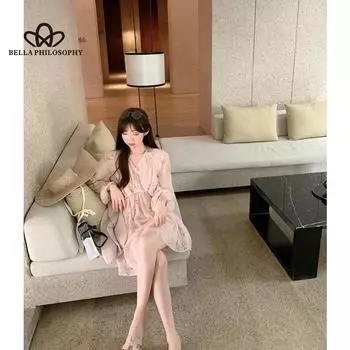 Розовое платье с цветочным принтом, женское весеннее, корейское, летнее, новое утягивающее сказочное шифоновое короткое платье с длинными рукавами S розовый