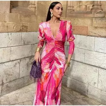 Розовое платье с V-образным вырезом в стиле тай-дай, сексуальное женское плиссированное платье с длинными рукавами, облегающее вечернее платье в стиле ретро, элегантное облегающее платье весна-лето S розовый