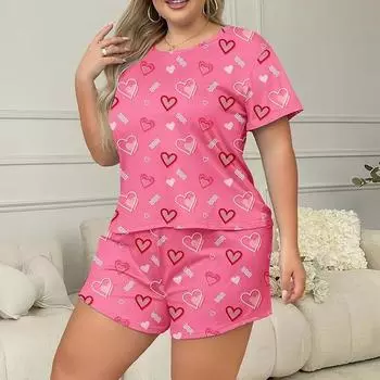 Розовое сердце Принт Плюс-размер Женская Пижама Пижамный Комплект Ночные Рубашки Футболка с Коротким Рукавом и Шорты Ночная Одежда Гладкая 1XL розовый