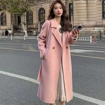 Розовое шерстяное пальто для женщин. Теплая и модная куртка свободного кроя в корейском стиле средней длины. S