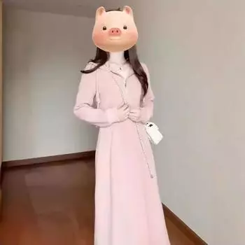 Розовое трикотажное платье с длинными рукавами для женщин весна-осень 2024 года, новинка начала осени, темпераментный свитер с капюшоном, длинная юбка S розовый