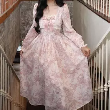 Розовое винтажное платье Kawaii France, женское элегантное вечернее платье миди с цветочным принтом, кружевное милое платье с рукавами-пузырьками в стиле ретро 2023 S розовый