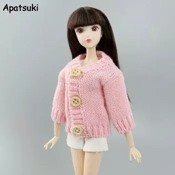 Розовое вязаное пальто, зимний теплый тканый свитер для куклы Барби, одежда, наряды, топы, аксессуары для кукольного домика BJD 1/6, детская игрушка своими руками розовый