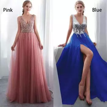 Розовое вышитое бисером сексуальное женское модное длинное платье с глубоким V-образным вырезом Элегантное вечернее платье в очереди XXL синий