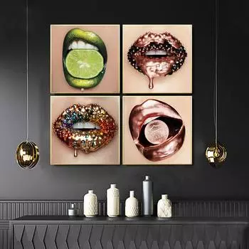 Розовое золото, тающие караты, сексуальные губы с лимоном и бриллиантами, монеты, постеры, принты, красочные губы, холст, картина, настенное искусство для гостиной 21cm30cm NoFrame
