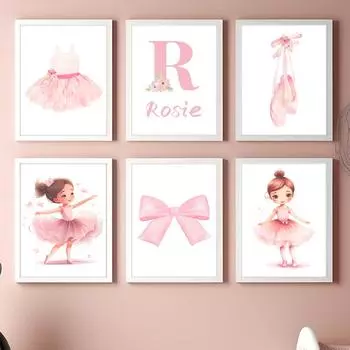 Розовые балетки с бантом для девочек, имя на заказ, настенная живопись на холсте для детской комнаты, постеры и принты, фотографии для декора детской комнаты A4 21X30cm No Framed