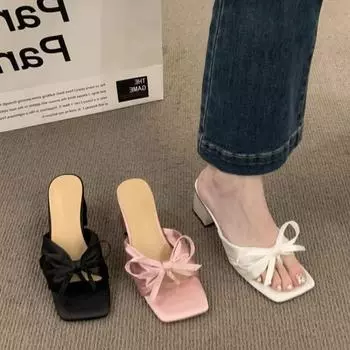 Розовые босоножки-тапочки, женская обувь 2024 года, летние квадратные открытые носки с бантом, модные женские тапочки на толстом каблуке, уличные туфли 35 чёрный