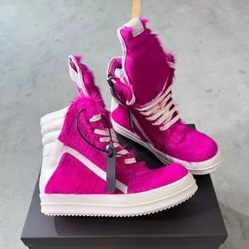 Розовые ботинки дизайнера Мужская обувь Розовый конский волос Женские высокие кроссовки Розовый конский волос Белая кожа Ботильоны Кроссовки 34