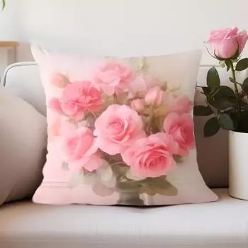 Розовые цветущие романтические розы, наволочки, натуральный цветочный букет, художественный дизайн, квадратные наволочки для домашнего декора, диван, автомобиль, спальня, наволочка CC2PS454514C8