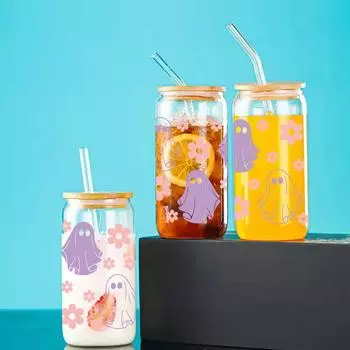 Розовые цветы/Фиолетовый призрак Принт Стеклянная чашка с бамбуковой крышкой и соломинкой Прозрачный термостойкий стакан для сока и кофе Может быть подарком на Хэллоуин 1pc